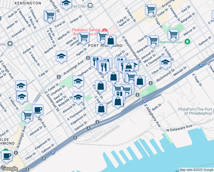 map of restaurants, bars, coffee shops, grocery stores, and more near 2612 East Clearfield Street in Philadelphia