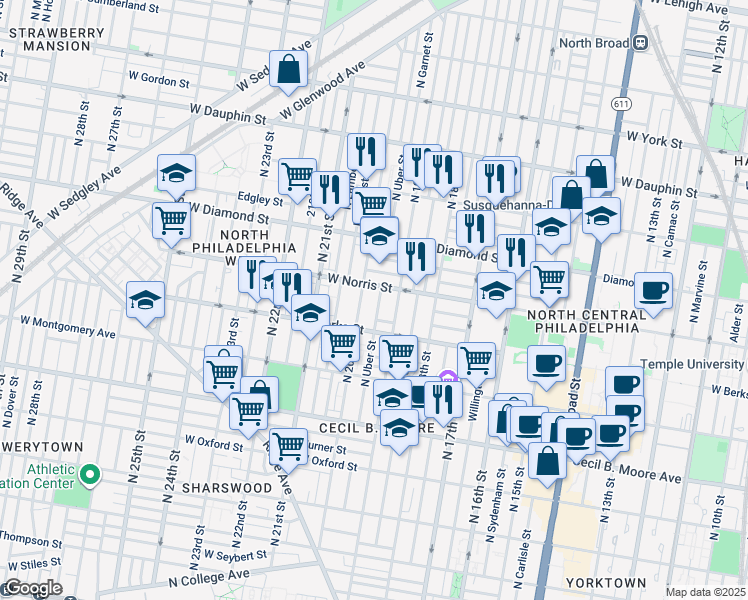 map of restaurants, bars, coffee shops, grocery stores, and more near 1942 North Uber Street in Philadelphia