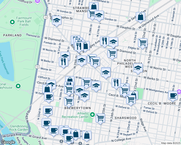 map of restaurants, bars, coffee shops, grocery stores, and more near 1846 North 27th Street in Philadelphia