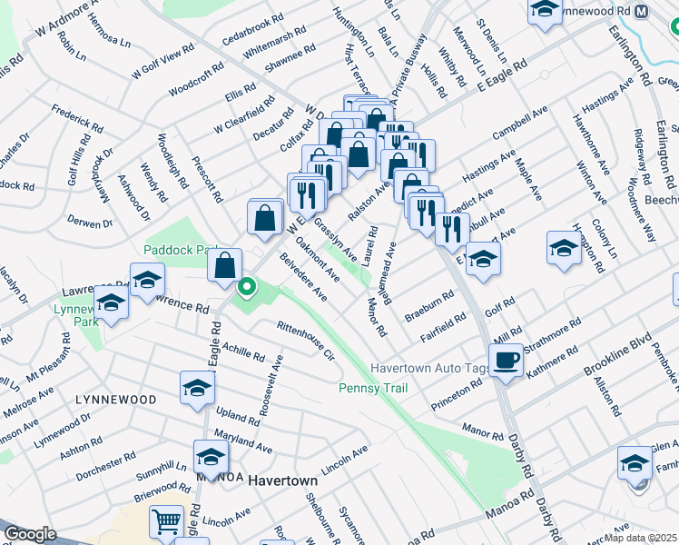 map of restaurants, bars, coffee shops, grocery stores, and more near 2023 Oakmont Avenue in Havertown