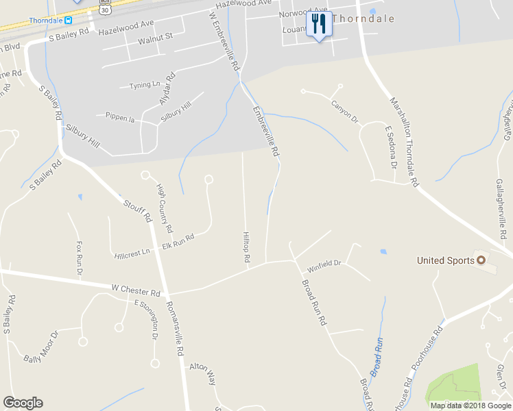map of restaurants, bars, coffee shops, grocery stores, and more near 1529 Hilltop Road in Downingtown