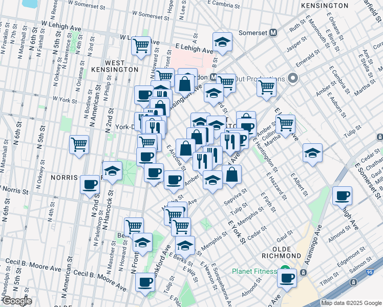 map of restaurants, bars, coffee shops, grocery stores, and more near 2032 East Boston Street in Philadelphia