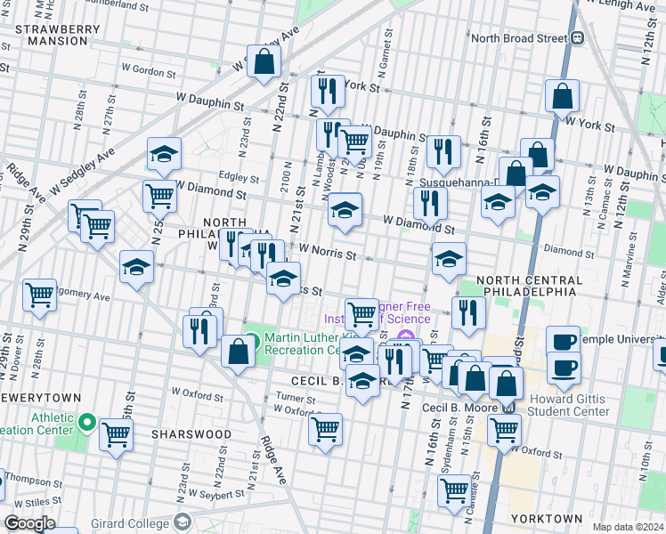map of restaurants, bars, coffee shops, grocery stores, and more near 1939 North 20th Street in Philadelphia