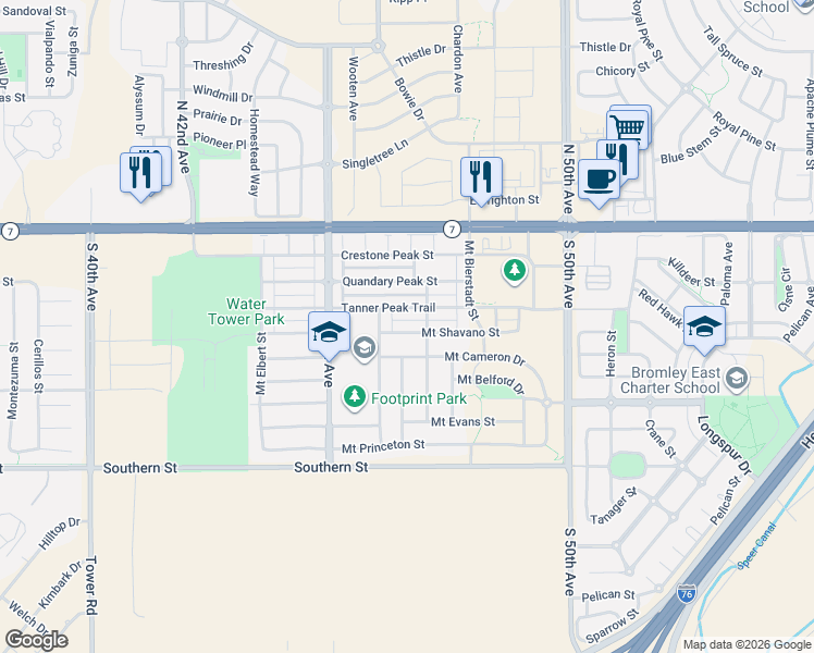 map of restaurants, bars, coffee shops, grocery stores, and more near 4675 Mount Shavano Street in Brighton