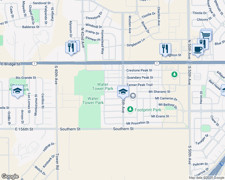 map of restaurants, bars, coffee shops, grocery stores, and more near 4403 Mount Shavano Street in Brighton