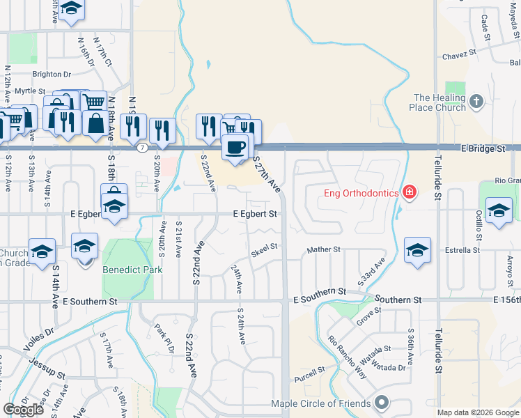 map of restaurants, bars, coffee shops, grocery stores, and more near 2585 East Egbert Street in Brighton