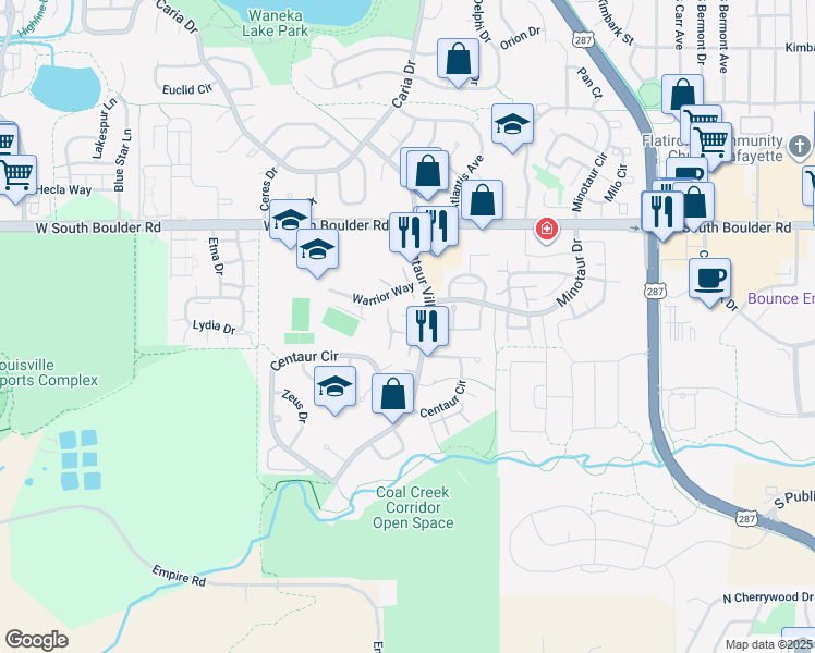 map of restaurants, bars, coffee shops, grocery stores, and more near 24 Centaur Court in Lafayette