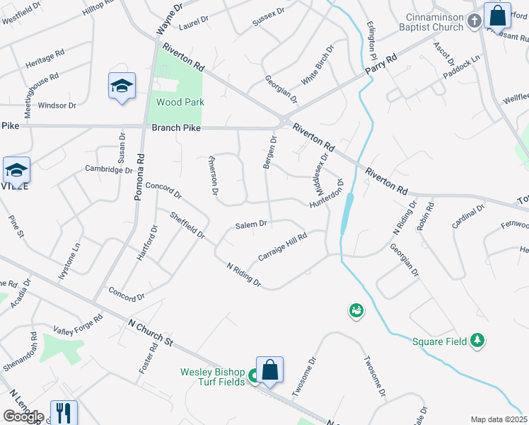 map of restaurants, bars, coffee shops, grocery stores, and more near 502 Bergen Drive in Cinnaminson