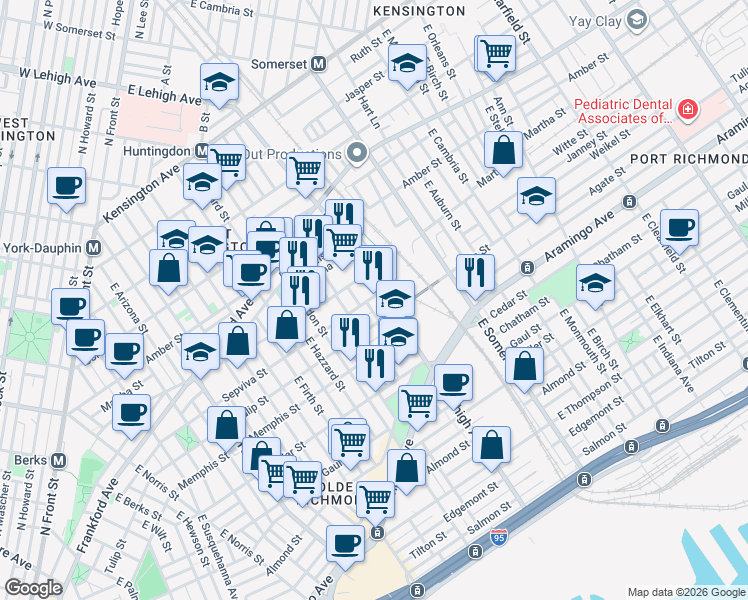 map of restaurants, bars, coffee shops, grocery stores, and more near 2186 East Lehigh Avenue in Philadelphia