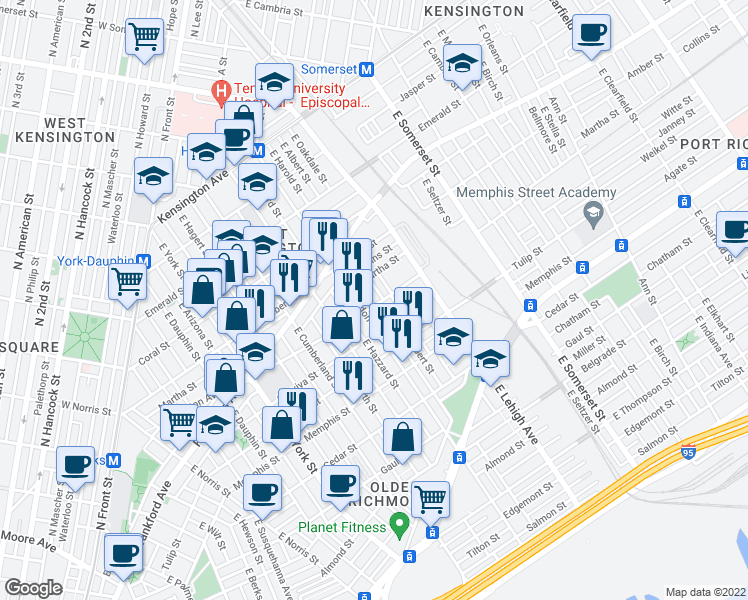 map of restaurants, bars, coffee shops, grocery stores, and more near 2134 East Hazzard Street in Philadelphia