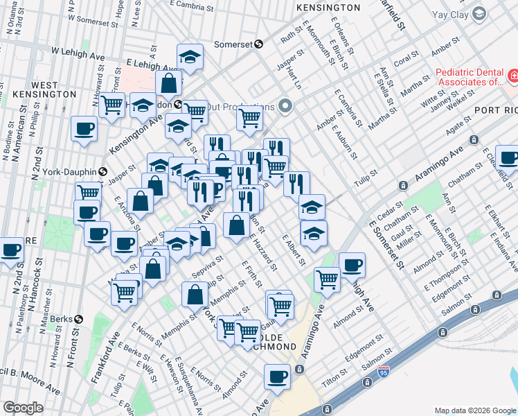 map of restaurants, bars, coffee shops, grocery stores, and more near 2134 East Hazzard Street in Philadelphia