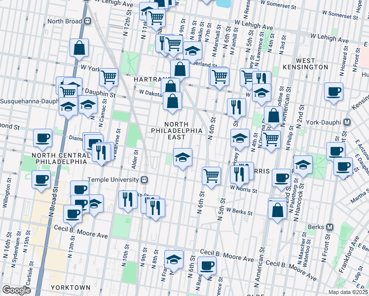 map of restaurants, bars, coffee shops, grocery stores, and more near 2127 North 7th Street in Philadelphia