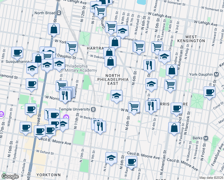 map of restaurants, bars, coffee shops, grocery stores, and more near 2123 North 8th Street in Philadelphia