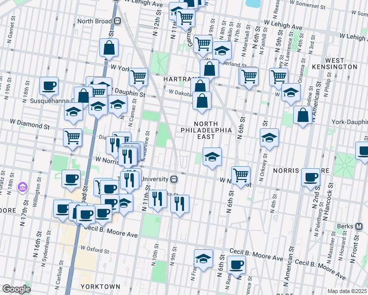 map of restaurants, bars, coffee shops, grocery stores, and more near 2107 North Percy Street in Philadelphia