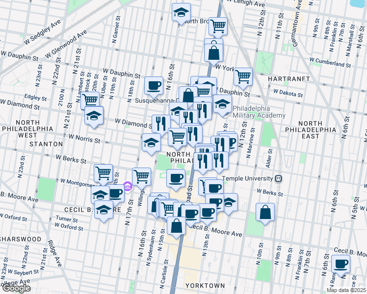 map of restaurants, bars, coffee shops, grocery stores, and more near 2029 North Carlisle Street in Philadelphia