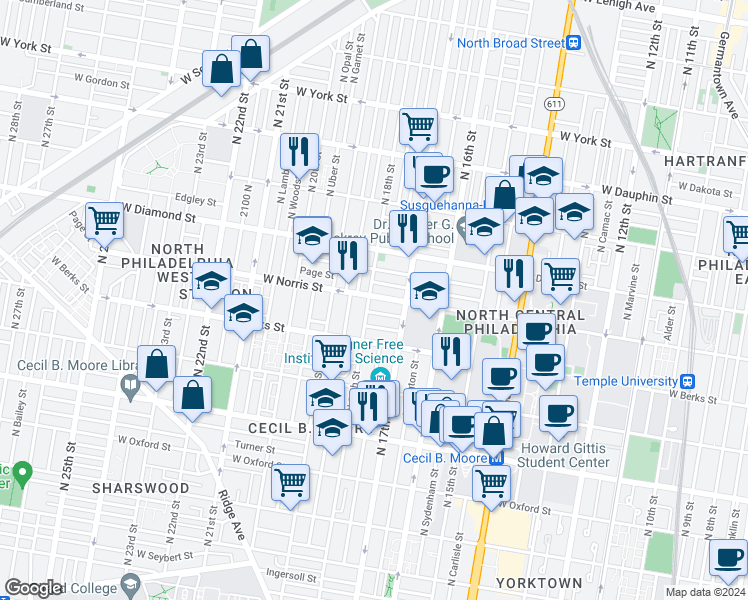 map of restaurants, bars, coffee shops, grocery stores, and more near in Philadelphia