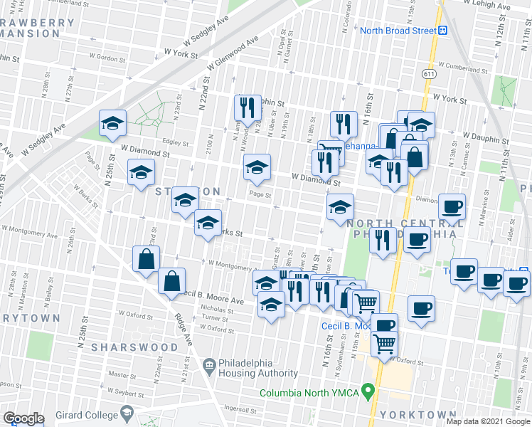 map of restaurants, bars, coffee shops, grocery stores, and more near 1900 West Norris Street in Philadelphia