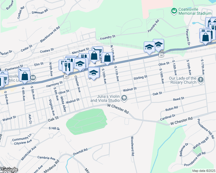 map of restaurants, bars, coffee shops, grocery stores, and more near 1016 Stirling Street in Coatesville
