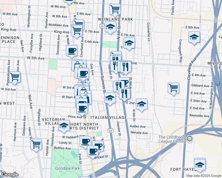 map of restaurants, bars, coffee shops, grocery stores, and more near 136 East 3rd Avenue in Columbus