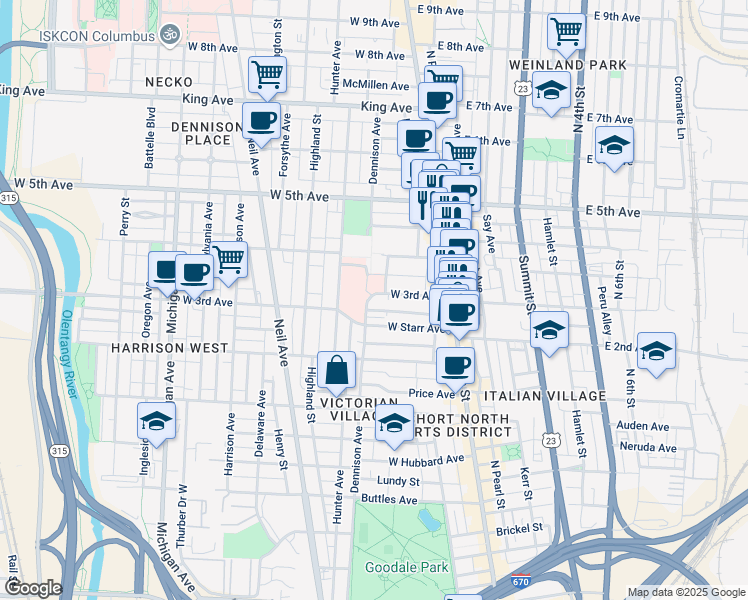 map of restaurants, bars, coffee shops, grocery stores, and more near 1087 Dennison Avenue in Columbus