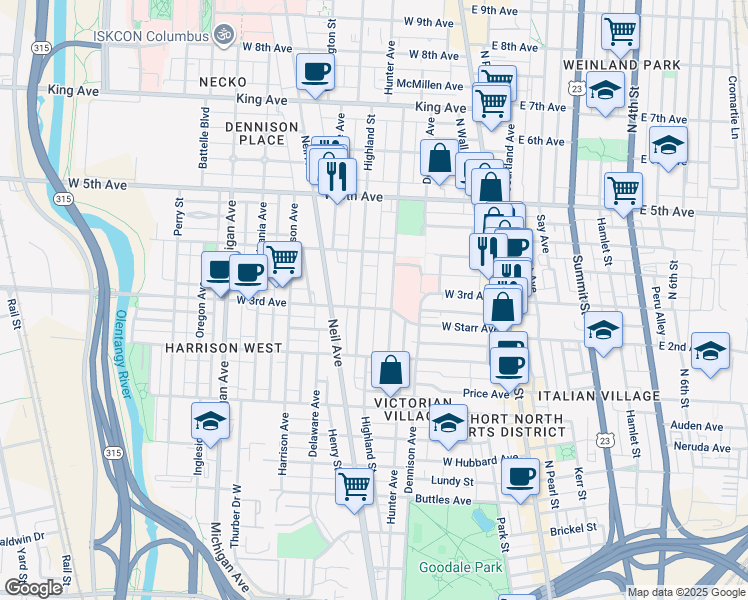 map of restaurants, bars, coffee shops, grocery stores, and more near 194 West 3rd Avenue in Columbus
