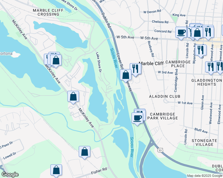 map of restaurants, bars, coffee shops, grocery stores, and more near 1410 Lake Shore Drive in Columbus