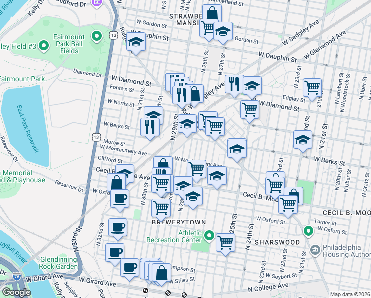 map of restaurants, bars, coffee shops, grocery stores, and more near 1838 North 28th Street in Philadelphia