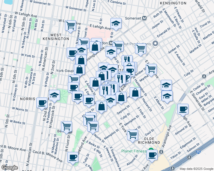 map of restaurants, bars, coffee shops, grocery stores, and more near 2055 East Hagert Street in Philadelphia