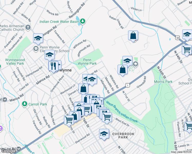 map of restaurants, bars, coffee shops, grocery stores, and more near 56 Allandale Road in Wynnewood