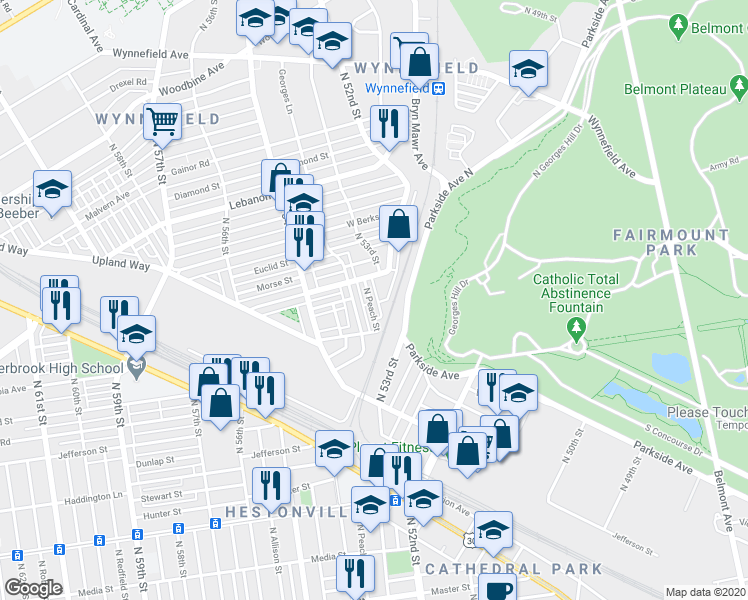 map of restaurants, bars, coffee shops, grocery stores, and more near 1737 North Peach Street in Philadelphia