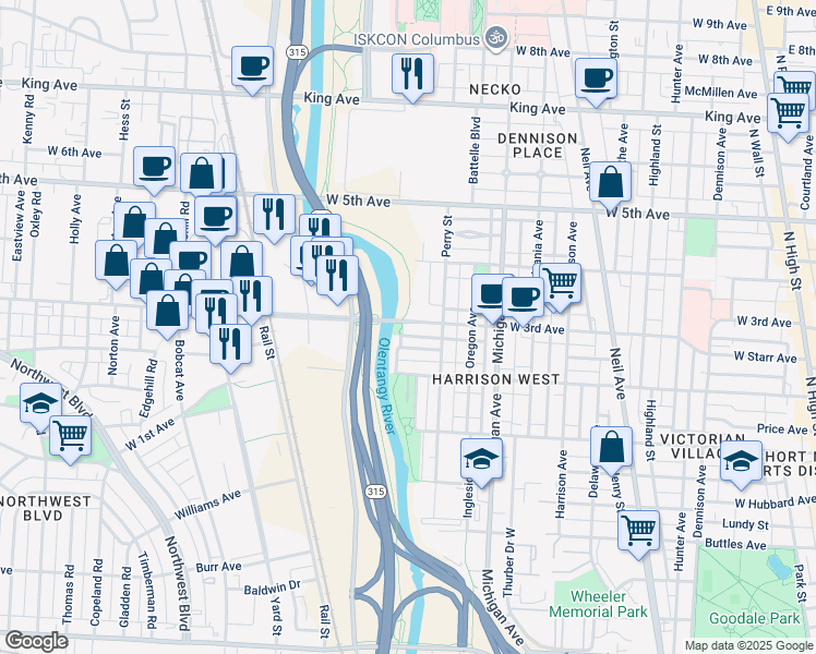 map of restaurants, bars, coffee shops, grocery stores, and more near 571 West 3rd Avenue in Columbus