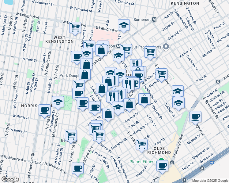 map of restaurants, bars, coffee shops, grocery stores, and more near 2055 East Hagert Street in Philadelphia