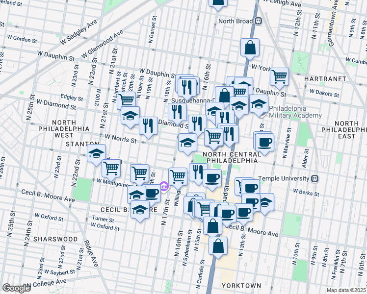 map of restaurants, bars, coffee shops, grocery stores, and more near 1619 West Norris Street in Philadelphia