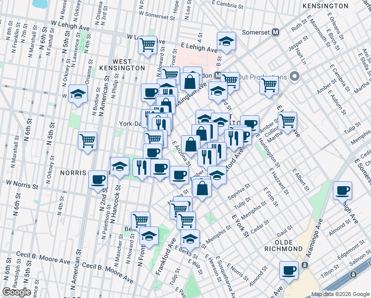 map of restaurants, bars, coffee shops, grocery stores, and more near 2001 East Arizona Street in Philadelphia