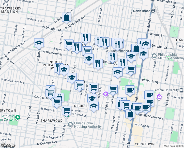 map of restaurants, bars, coffee shops, grocery stores, and more near 1900 West Norris Street in Philadelphia