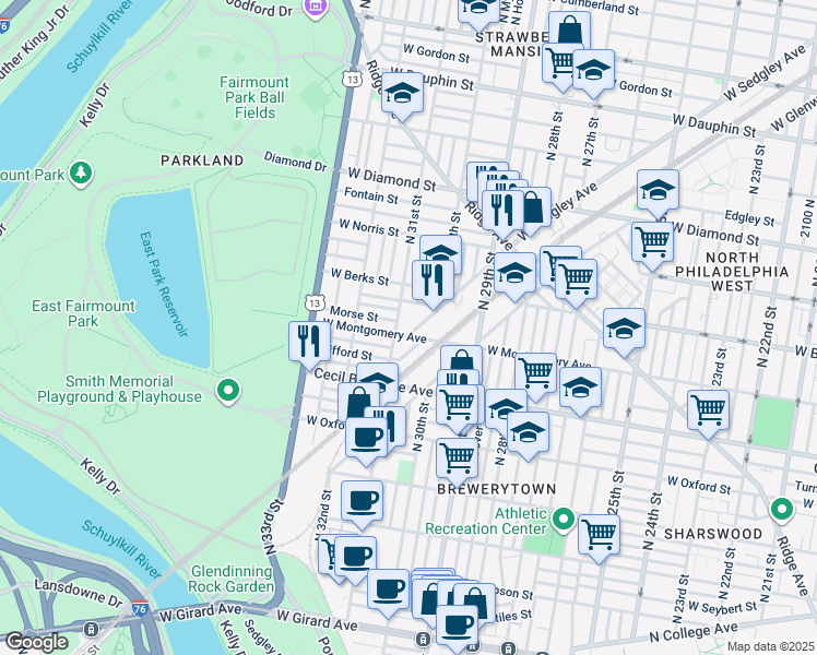 map of restaurants, bars, coffee shops, grocery stores, and more near 3041 West Sedgley Avenue in Philadelphia