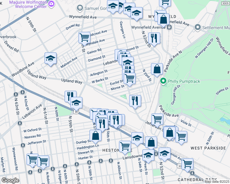 map of restaurants, bars, coffee shops, grocery stores, and more near 5461 West Montgomery Avenue in Philadelphia