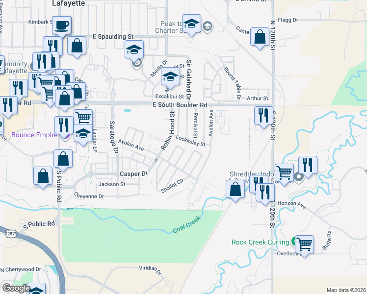 map of restaurants, bars, coffee shops, grocery stores, and more near 755 Bedivere Circle in Lafayette