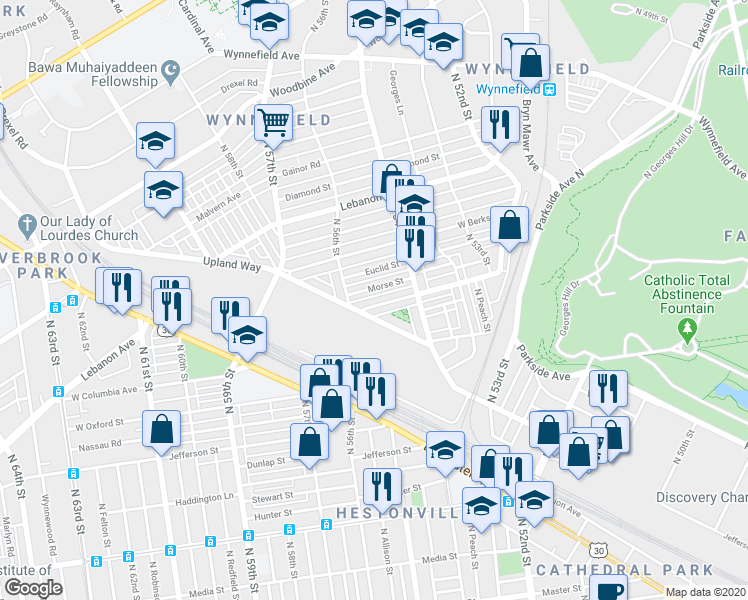 map of restaurants, bars, coffee shops, grocery stores, and more near 5459 West Montgomery Avenue in Philadelphia