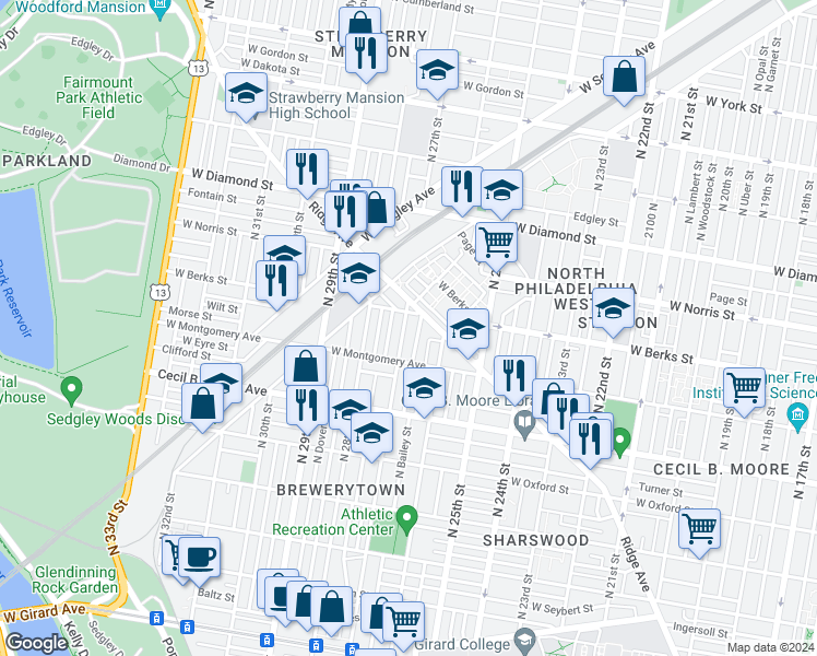 map of restaurants, bars, coffee shops, grocery stores, and more near 1845 North 27th Street in Philadelphia