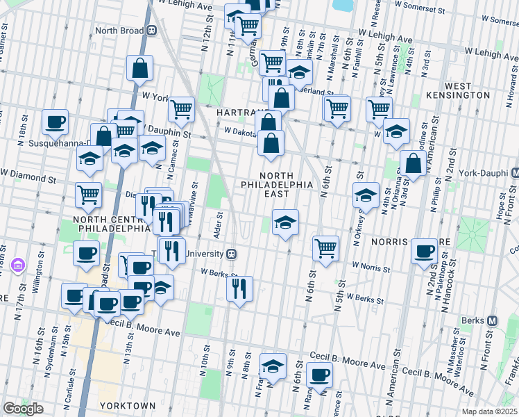 map of restaurants, bars, coffee shops, grocery stores, and more near 2113 North 9th Street in Philadelphia