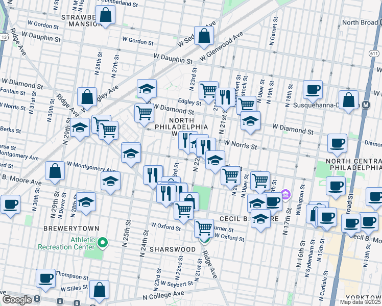 map of restaurants, bars, coffee shops, grocery stores, and more near 1919 North Croskey Street in Philadelphia
