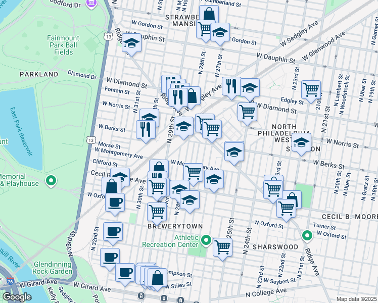 map of restaurants, bars, coffee shops, grocery stores, and more near 1837 North 28th Street in Philadelphia