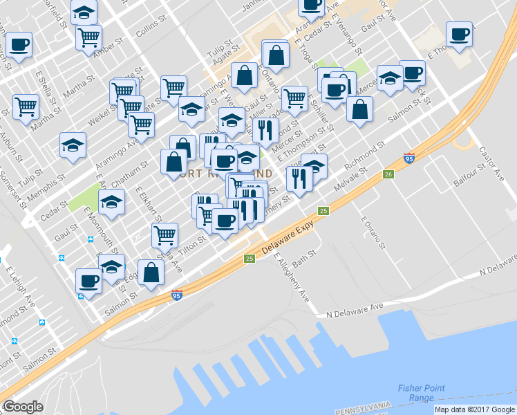 map of restaurants, bars, coffee shops, grocery stores, and more near 3210 Salmon Street in Philadelphia