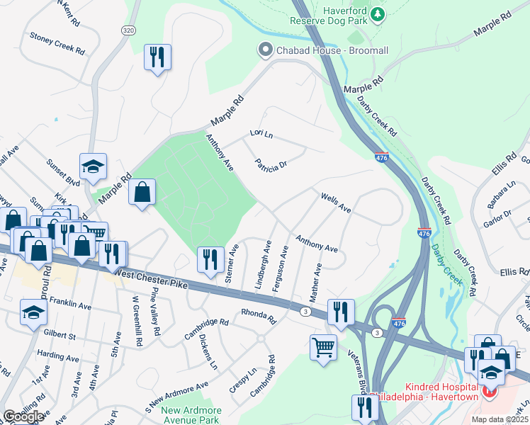 map of restaurants, bars, coffee shops, grocery stores, and more near 2 Amber Court in Broomall