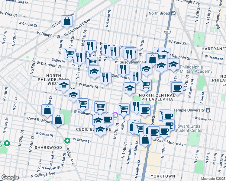map of restaurants, bars, coffee shops, grocery stores, and more near 1955 North 18th Street in Philadelphia