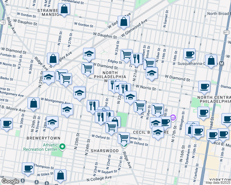 map of restaurants, bars, coffee shops, grocery stores, and more near 1919 North Croskey Street in Philadelphia