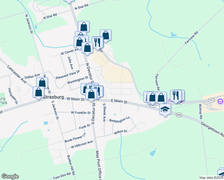 map of restaurants, bars, coffee shops, grocery stores, and more near 275 Old Post Lane in Strasburg