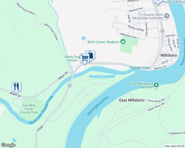 map of restaurants, bars, coffee shops, grocery stores, and more near Greene River Trail in Clarksville