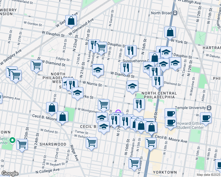 map of restaurants, bars, coffee shops, grocery stores, and more near 1818 West Norris Street in Philadelphia